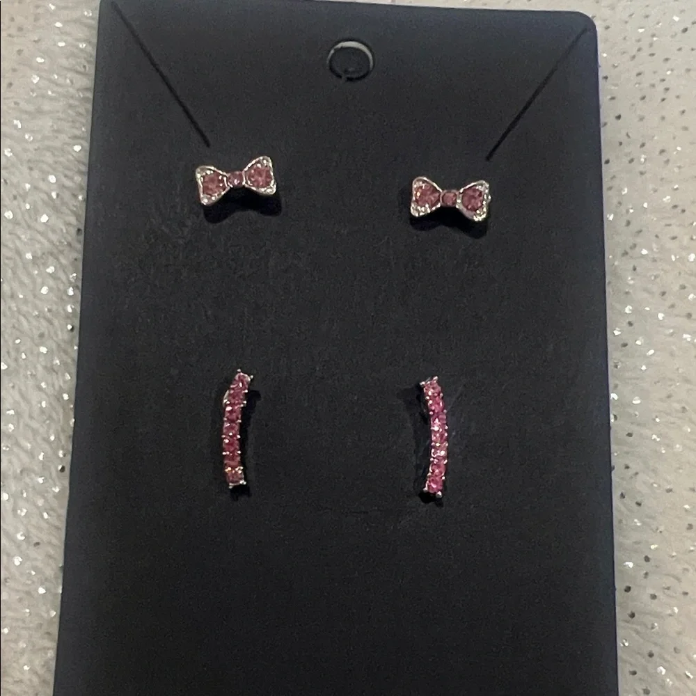 Pink Bow and Bar Earrings Sets- sparkly. 2 small pairs. New